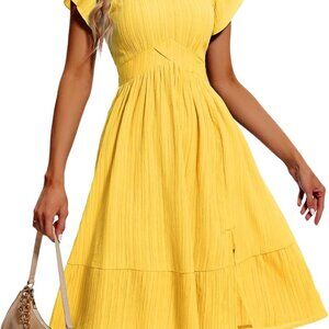 Yellow Casual Wedding Guest Dress Women Short Sleeve Midi A Line Beach Summer